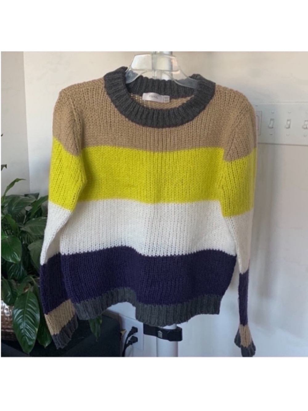 Cloth Knit Chunky Sweater/top Sz M Striped Gray Neon Yellow White Tan